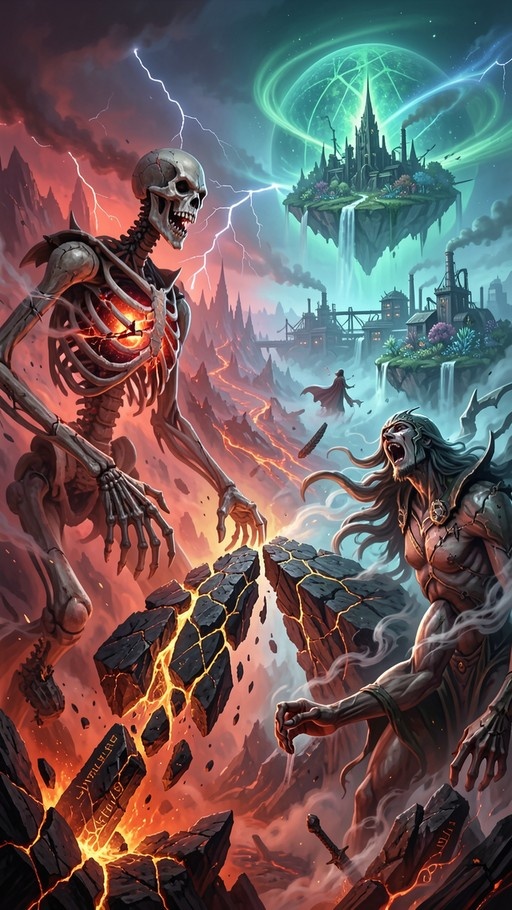 A giant skeletal figure with a glowing chest stands opposite a screaming warrior in a volcanic landscape, with a floating castle and waterfalls visible in the background under a stormy sky.