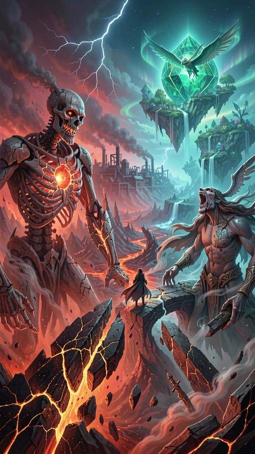 A digital painting of a small cloaked figure standing on a broken stone bridge between a fiery volcanic realm with a giant skeleton and a cool blue realm with floating islands and a winged warrior.
