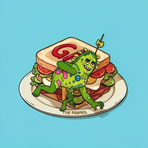 A green slime monster with pink spots and sharp teeth stands in front of a large club sandwich on a white plate against a blue background.