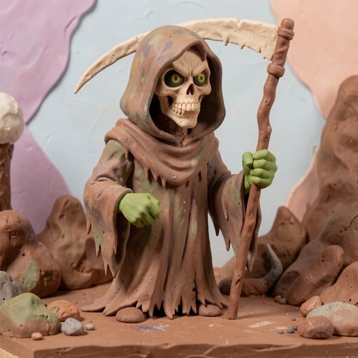 A claymation-style sculpture of the Grim Reaper with green hands and yellow eyes holding a scythe in a rocky landscape.