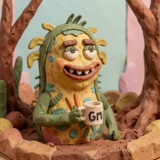 A yellow and green claymation monster holding a white mug with GM written on it.
