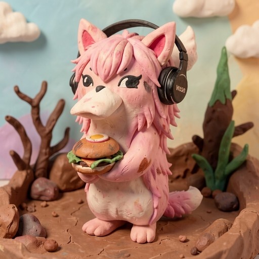 A pink furry character wearing headphones holds a hamburger topped with an egg in a claymation setting.