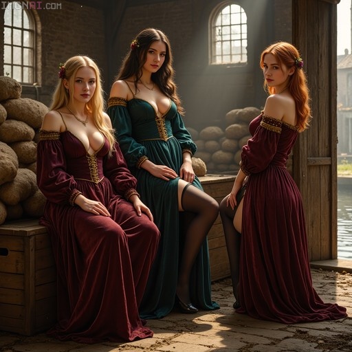 Three women in Burgundian-style velvet gowns and black stockings pose in a sunlit warehouse near a canal.