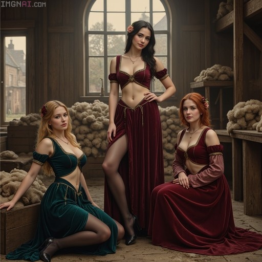 Three women in low-cut velvet gowns pose inside a wooden warehouse filled with wool bales, featuring blonde, brunette, and red-haired subjects.