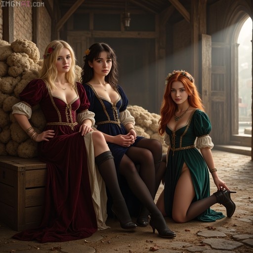 Three women in burgundy, blue, and green medieval velvet gowns resting inside a sunlit wooden warehouse near the canals of Bruges.