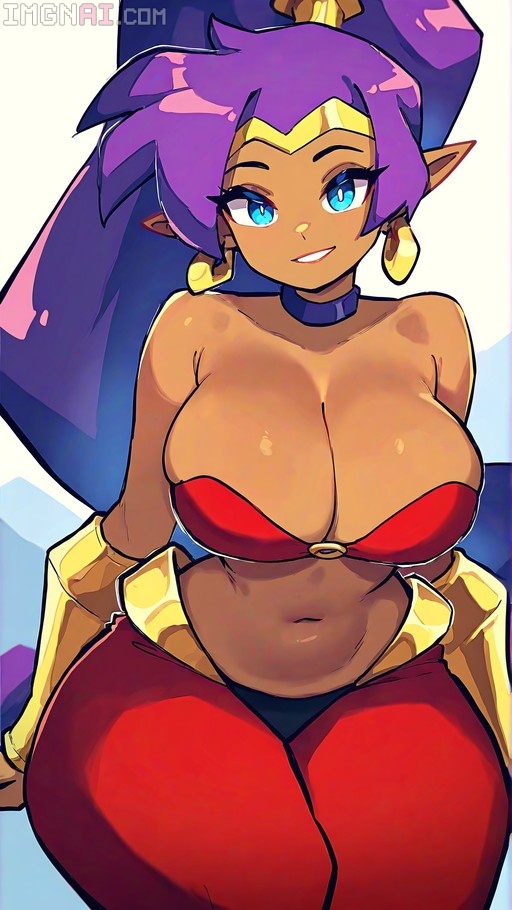 A smiling Shantae with purple hair and blue eyes wearing a red bandeau and harem pants.
