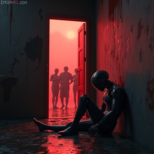 A black humanoid robot sits slumped on a wet floor in a dark room with red dripping walls, looking down while silhouettes of people stand in a bright doorway behind it.