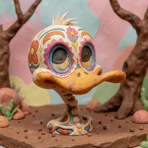 A close-up view of a colorful clay bird skull sculpture with floral decorations and large eyes, set against a blurred background of clay trees.
