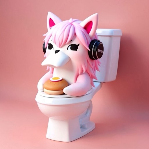 A pink-haired anthropomorphic character with animal ears and black headphones sits on a white toilet holding a burger against a pink background.