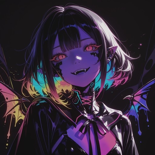 An anime-style illustration of a purple-skinned vampire girl with short black and colorful hair, red eyes, pointed ears, and bat-like wings against a dark background.