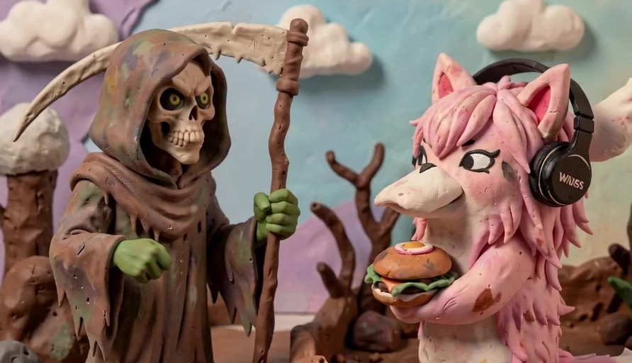 A hooded Grim Reaper figure holding a scythe and a burger stands in a desert setting wearing headphones.
