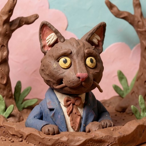 A brown clay cat wearing a blue jacket and bowtie emerging from a dirt hole in an animated outdoor setting with pink clouds.