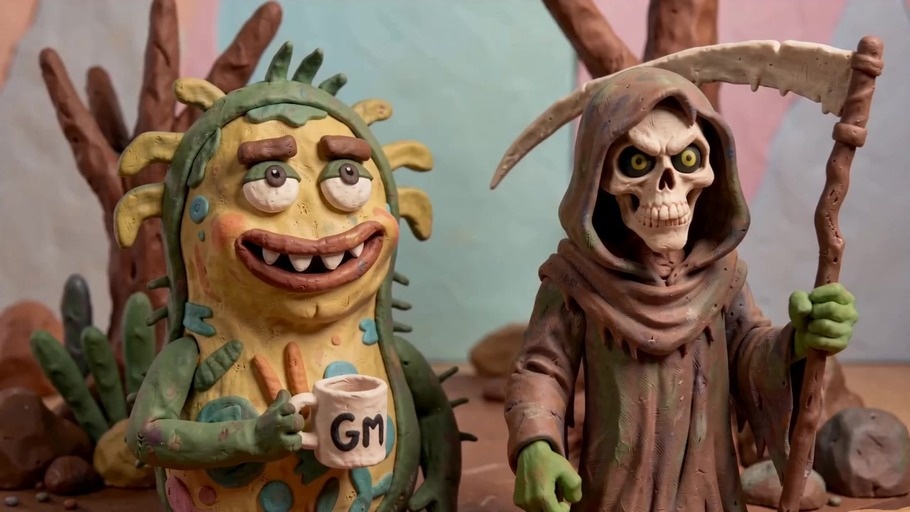 Two young men stand outdoors near a cactus, one wearing a brown hooded cloak and holding a scythe and mug while the other holds food.