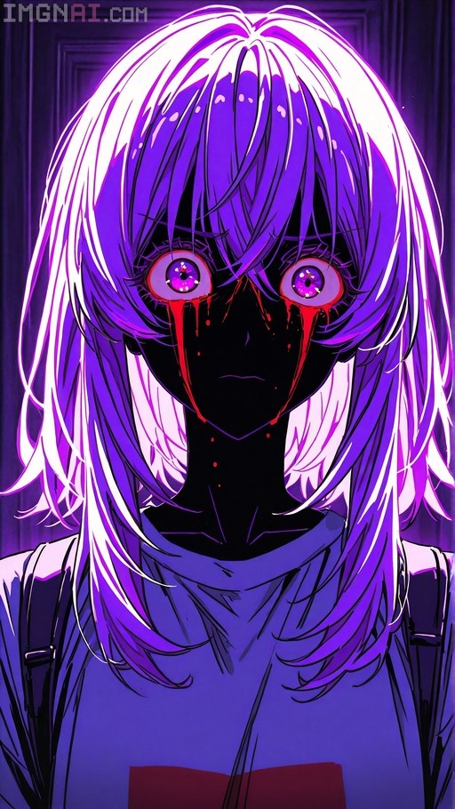 A digital illustration of an anime girl with pale hair and glowing purple eyes, wearing a white shirt and backpack, with blood streaming from her eyes down her shadowed face against a purple background.