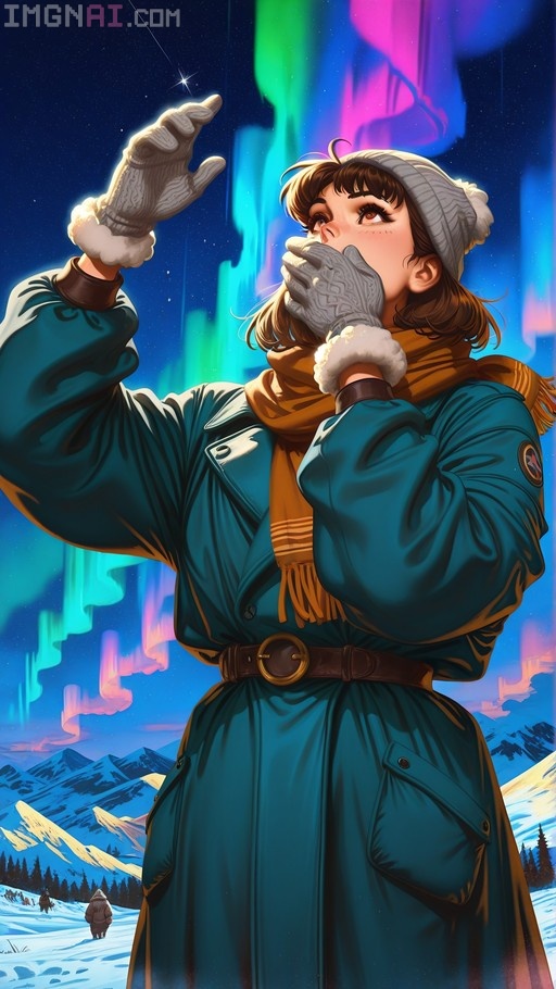 Young woman in a teal coat and orange scarf reaching for a bright star under the colorful aurora borealis over snowy mountains.