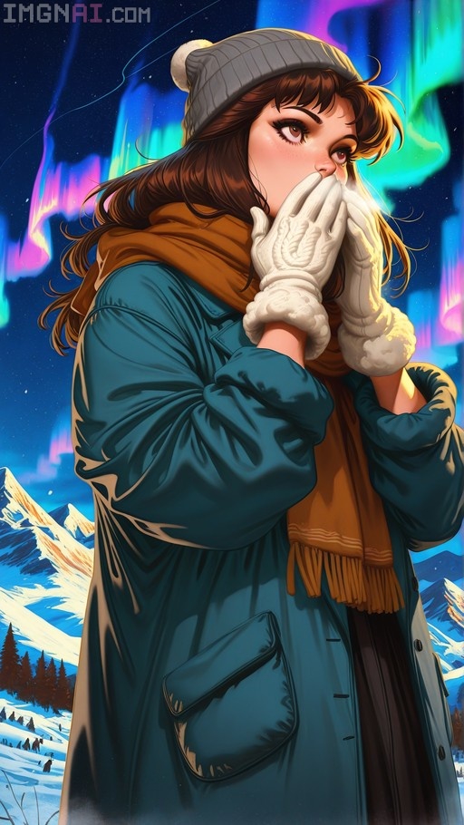 A young woman with long brown hair wearing a grey beanie and teal coat stands in the snow, covering her mouth with white-gloved hands as she looks up at the colorful aurora borealis over snowy mountains.