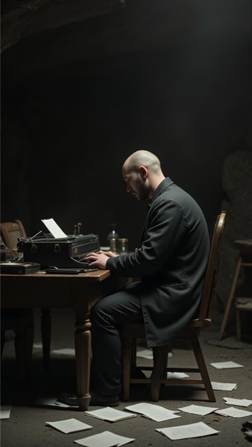 A bald man with a beard sits at a wooden table typing on an old typewriter with papers scattered on the floor.