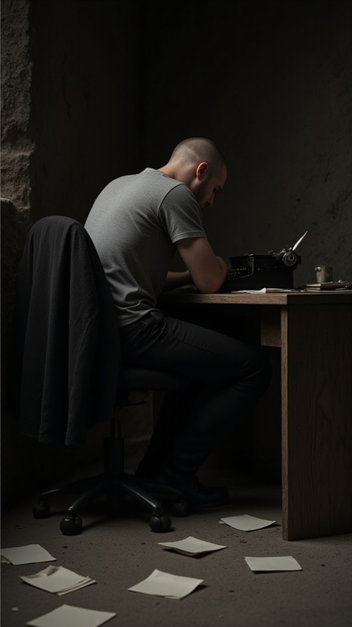 A bald man in a grey t-shirt sits at a wooden desk typing on a vintage typewriter while papers are scattered on the floor and a jacket hangs on his chair.