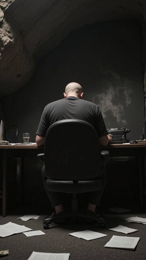 A bald man in a black shirt sits with his back to the camera at a wooden desk, typing on a vintage typewriter while papers are scattered across the floor of a dimly lit room.