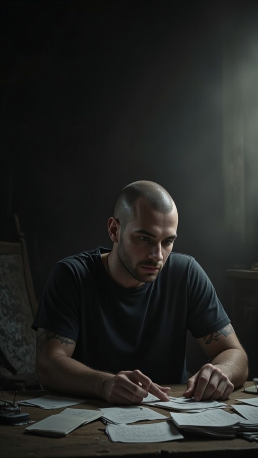 A bald man with arm tattoos sits at a wooden table examining scattered papers in a dimly lit room.