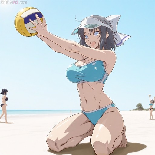 Yumi from Senran Kagura in a blue bikini kneeling on the beach holding a volleyball.