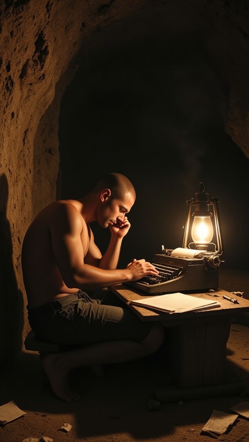A bald shirtless man types on a vintage typewriter in a cave lit by a lantern.