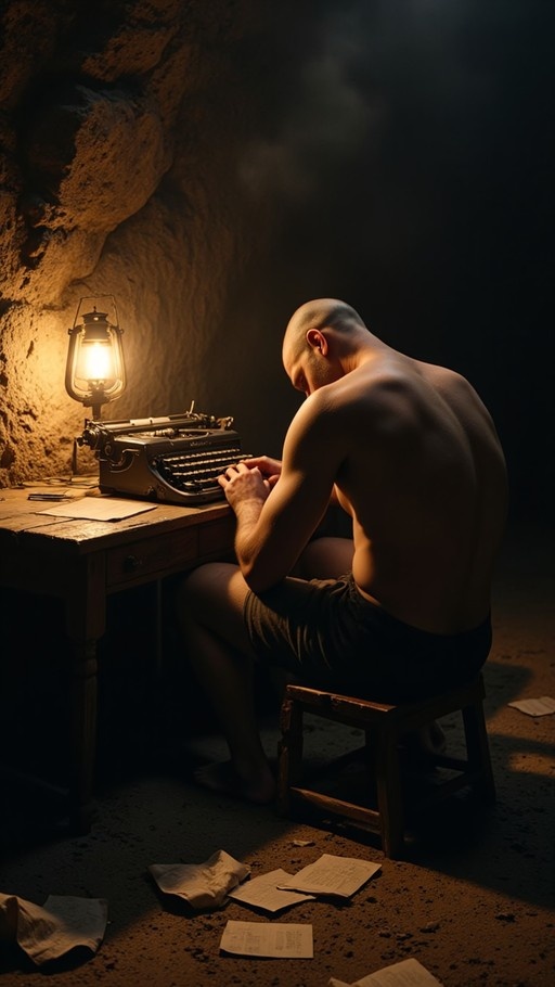 Shirtless muscular man with shaved head sitting at a wooden desk in a cave, typing on a vintage typewriter illuminated by a lantern.