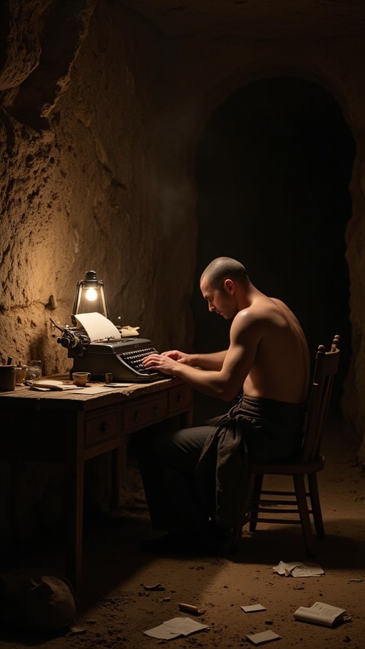 A shirtless man with a shaved head sits at a wooden desk in a dark cave, typing on an old typewriter illuminated by a lantern.