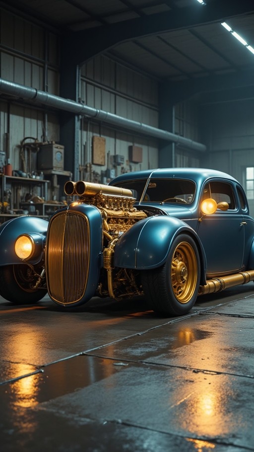 A teal vintage hot rod with a prominent gold engine and wheels is parked in a dimly lit garage with wet concrete floors reflecting the warm headlights.