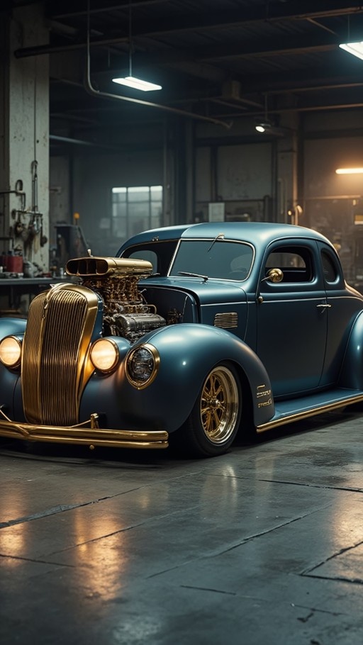 Matte blue classic coupe with gold accents and exposed engine parked inside an industrial workshop