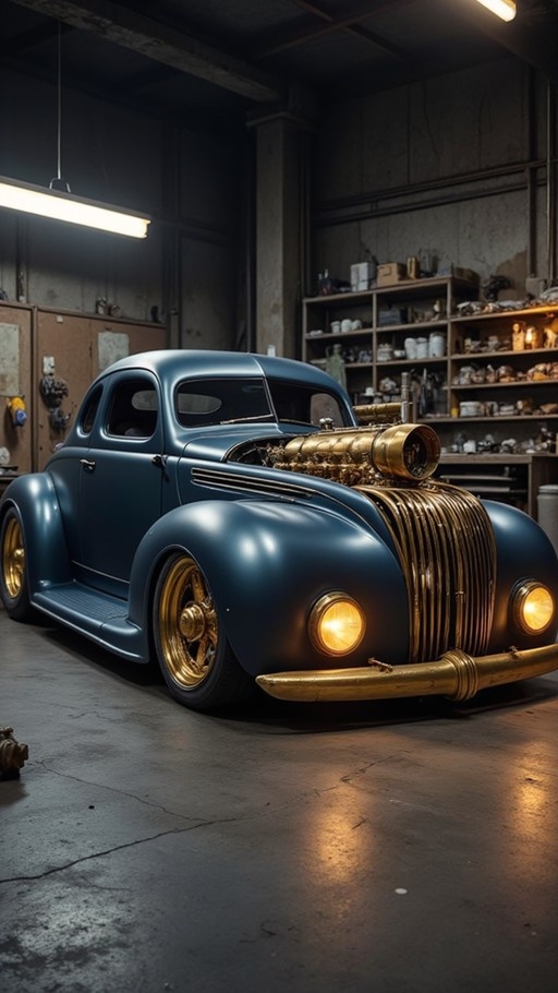A matte blue vintage coupe with a large gold engine and grille parked in a garage