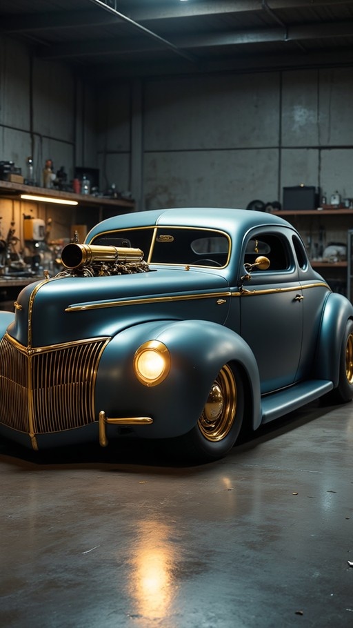 A matte blue vintage hot rod with gold accents and a large supercharger parked inside a dimly lit workshop.