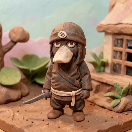 A small clay bird character dressed as a ninja stands holding a dagger in front of a miniature house.