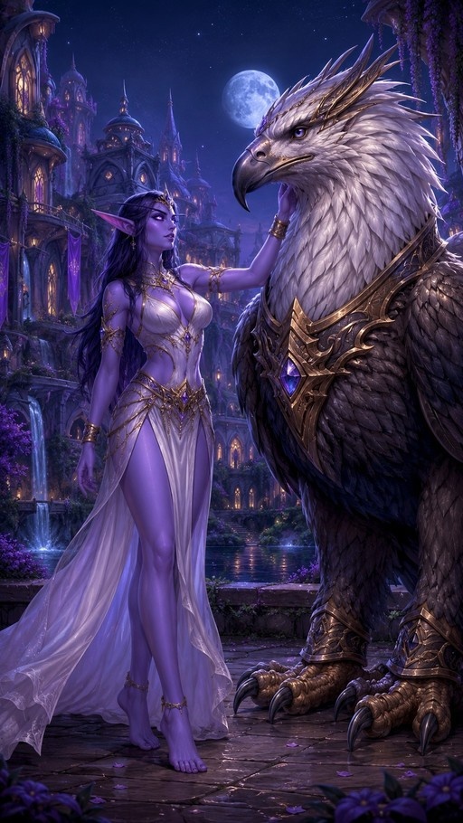 A purple-skinned elf in a white dress stands next to a large armored eagle under a full moon with a fantasy castle in the background.