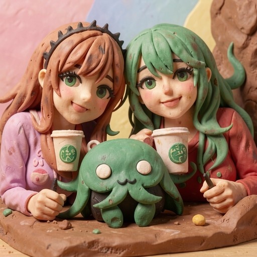 Two clay-style anime figures of a girl with brown hair and a girl with green tentacle-like hair holding coffee cups next to a small green octopus.
