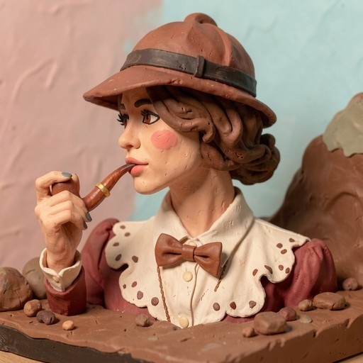 A close-up of a clay sculpture showing a woman in a hat and bowtie holding a pipe.