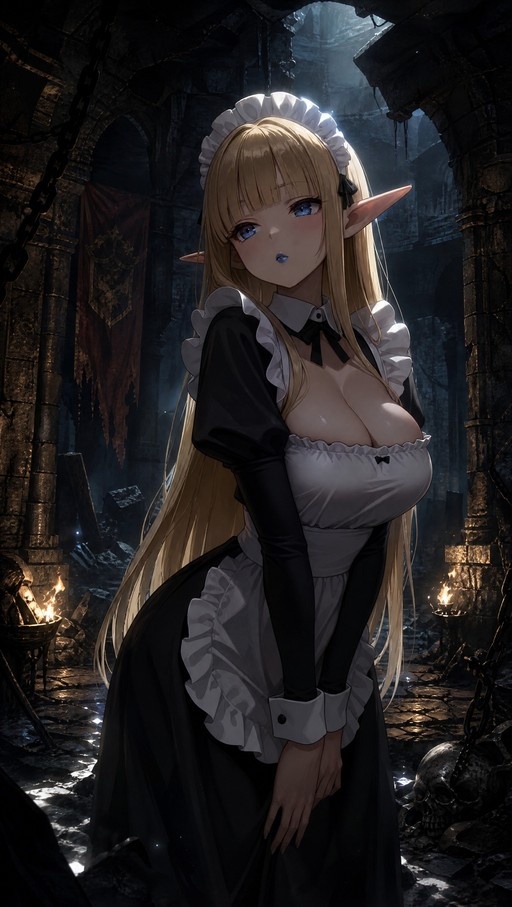 Blonde elf maid in black and white dress standing in dark stone ruins with torches