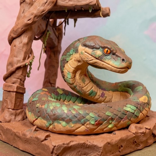 A detailed clay snake sculpture with brown and green scales and bright orange eyes coiled near a tree trunk against a pastel background.