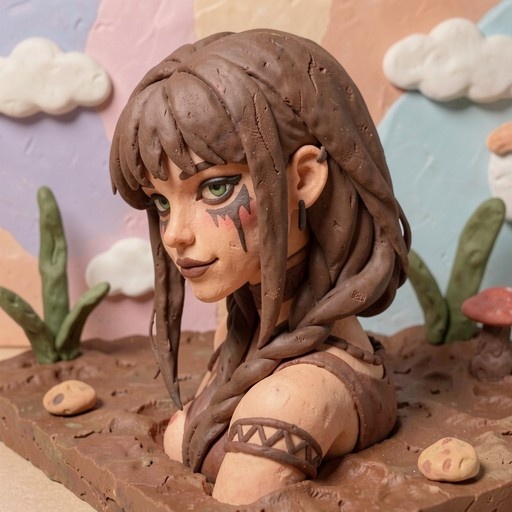 A clay sculpture of a girl with brown braided hair and tribal face paint looking at the viewer, surrounded by a miniature landscape of mud, plants, and clouds.