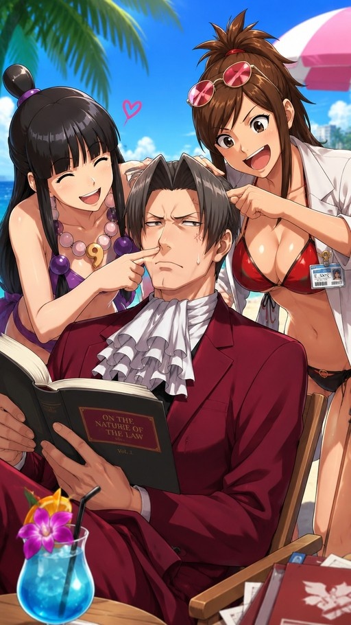Miles Edgeworth reading a book at the beach while Maya Fey and Franziska von Karma tease him.