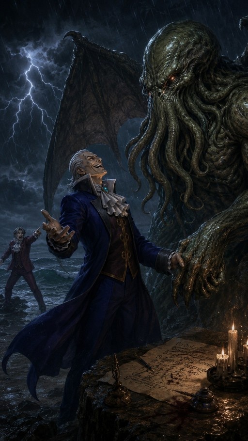 An older man with grey hair and bat wings in a blue coat shakes hands with a large tentacled monster on a rocky shore during a storm, while another man in a red suit watches from the background.