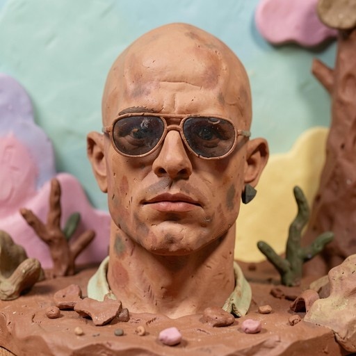A close-up realistic clay sculpture of a bald man wearing sunglasses and an earring, buried in sand with colorful sculpted props in the background.