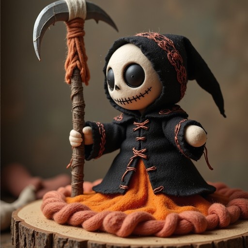 A felted grim reaper doll with a stitched skull face and large black eyes sits on a wooden slice, wearing a black hooded robe with orange stitching and holding a small scythe amidst braided yarn.