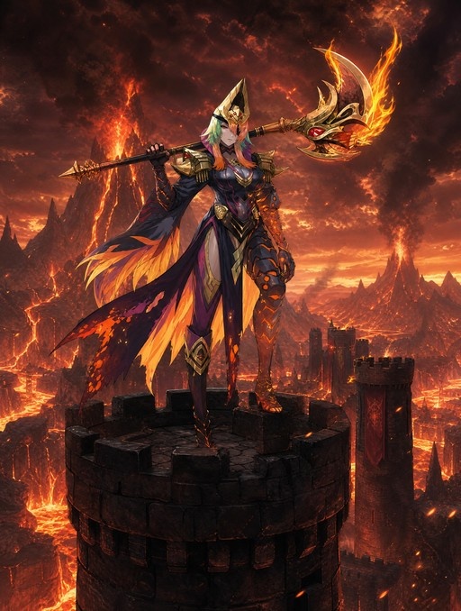 Laegjarn from Fire Emblem stands on a stone tower holding a large axe, wearing armor with a cape against a fiery volcanic background.