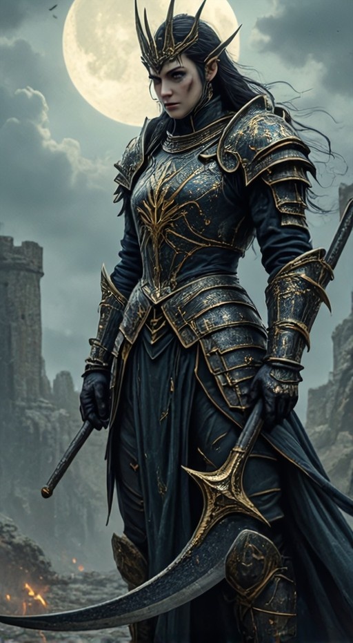 A dark elf warrior queen in ornate black and gold armor holds a large scythe, standing before castle ruins under a cloudy night sky with a full moon.