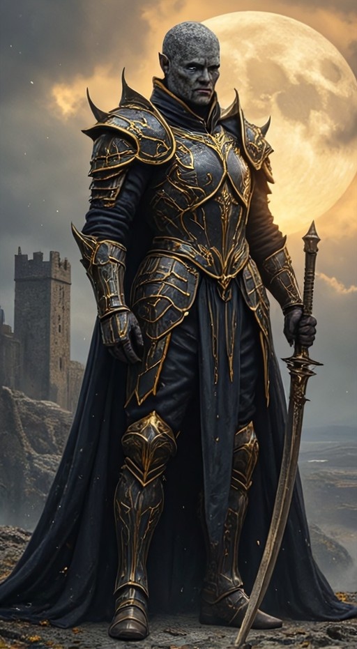 A bald, grey-skinned fantasy warrior with pointed ears stands in ornate black and gold armor holding a sword under a large full moon near castle ruins.