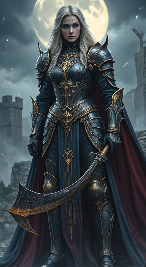 A full-body portrait of a blonde female warrior in ornate blue and gold armor holding a large curved sword, standing before a massive full moon with stone ruins in the background.