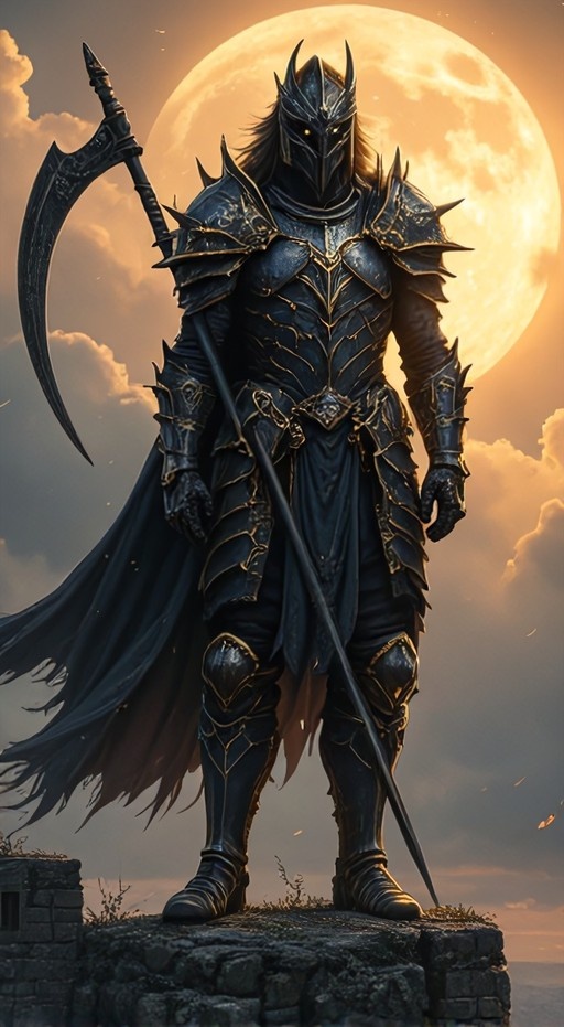 A full-body shot of a fantasy knight in dark, spiked armor holding a large scythe, standing on a cliff edge with a giant moon rising behind him in the cloudy sky.