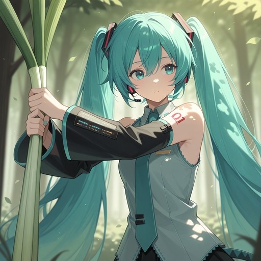 Hatsune Miku holding a large spring onion in a sunlit forest.