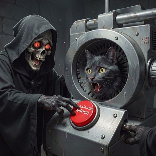 A skeletal figure in a black hooded robe presses a red button labeled "Maximum Mince" while a terrified grey cat screams inside a metal meat grinder.